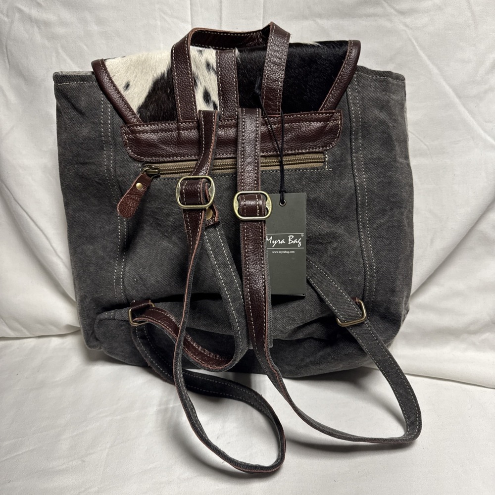 Myra Bag Leather Canvas Hair On Western-Southwest Cow Backpack NWT - Picture 4 of 5